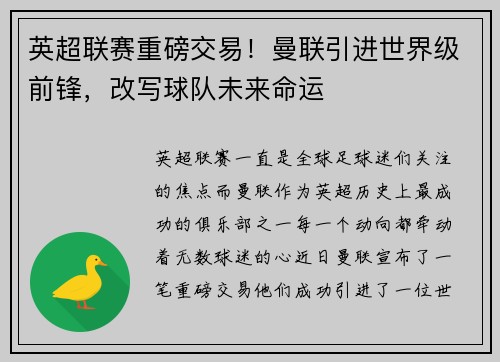 英超联赛重磅交易！曼联引进世界级前锋，改写球队未来命运