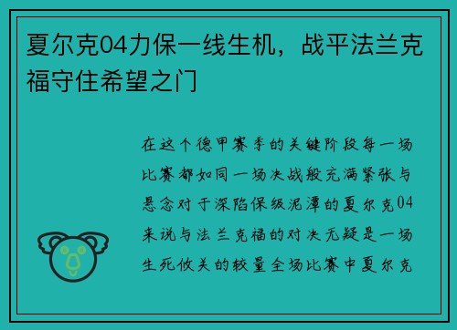 夏尔克04力保一线生机，战平法兰克福守住希望之门
